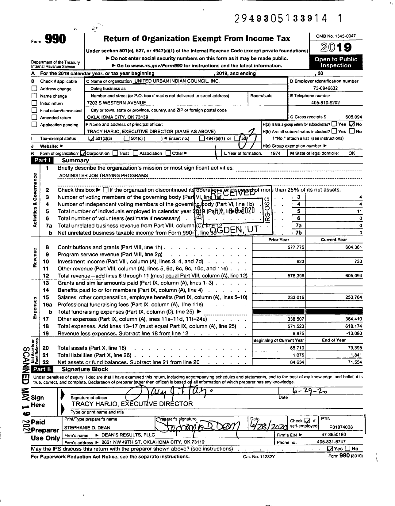 Image of first page of 2019 Form 990 for United Urban Indian Council