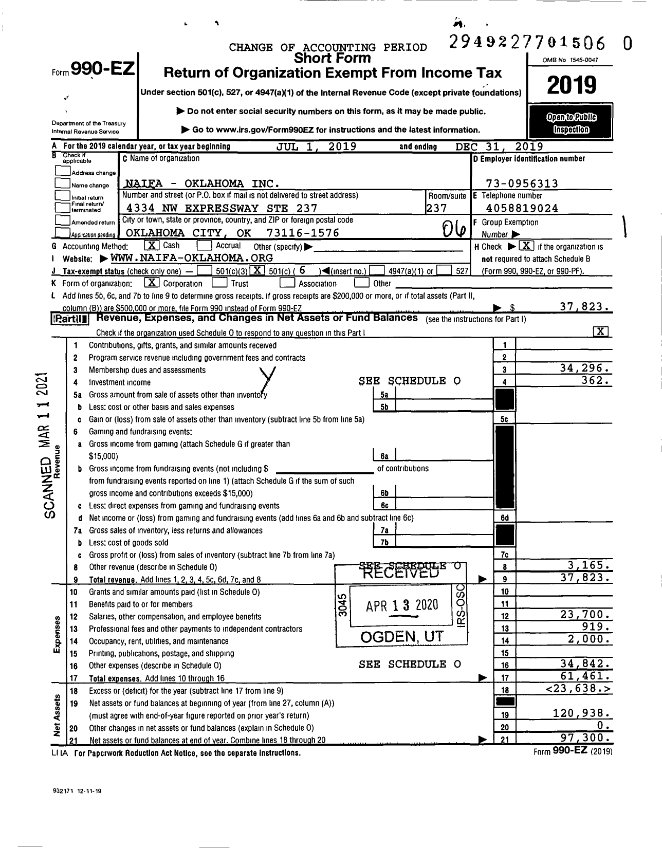 Image of first page of 2019 Form 990EO for Naifa - Oklahoma