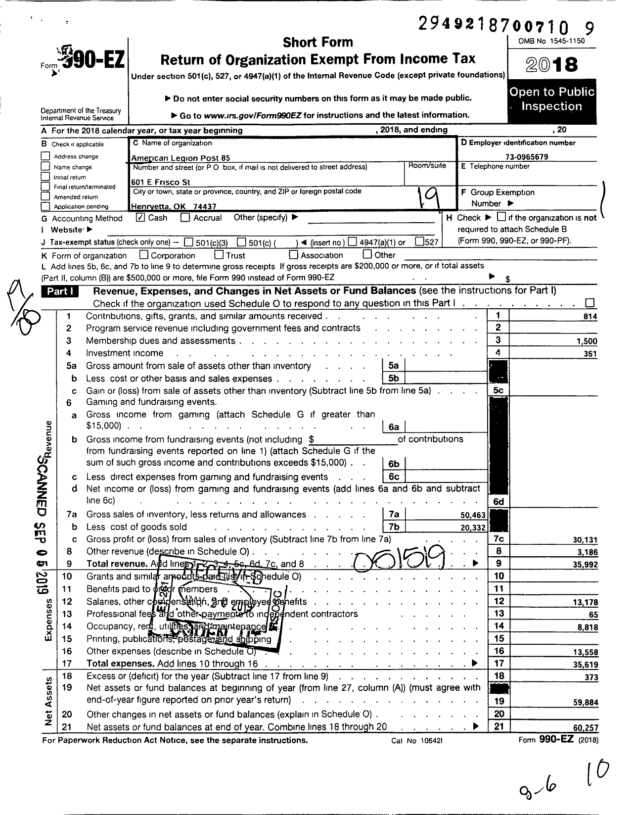 Image of first page of 2018 Form 990EO for American Legion - 85 Norman A Cullen