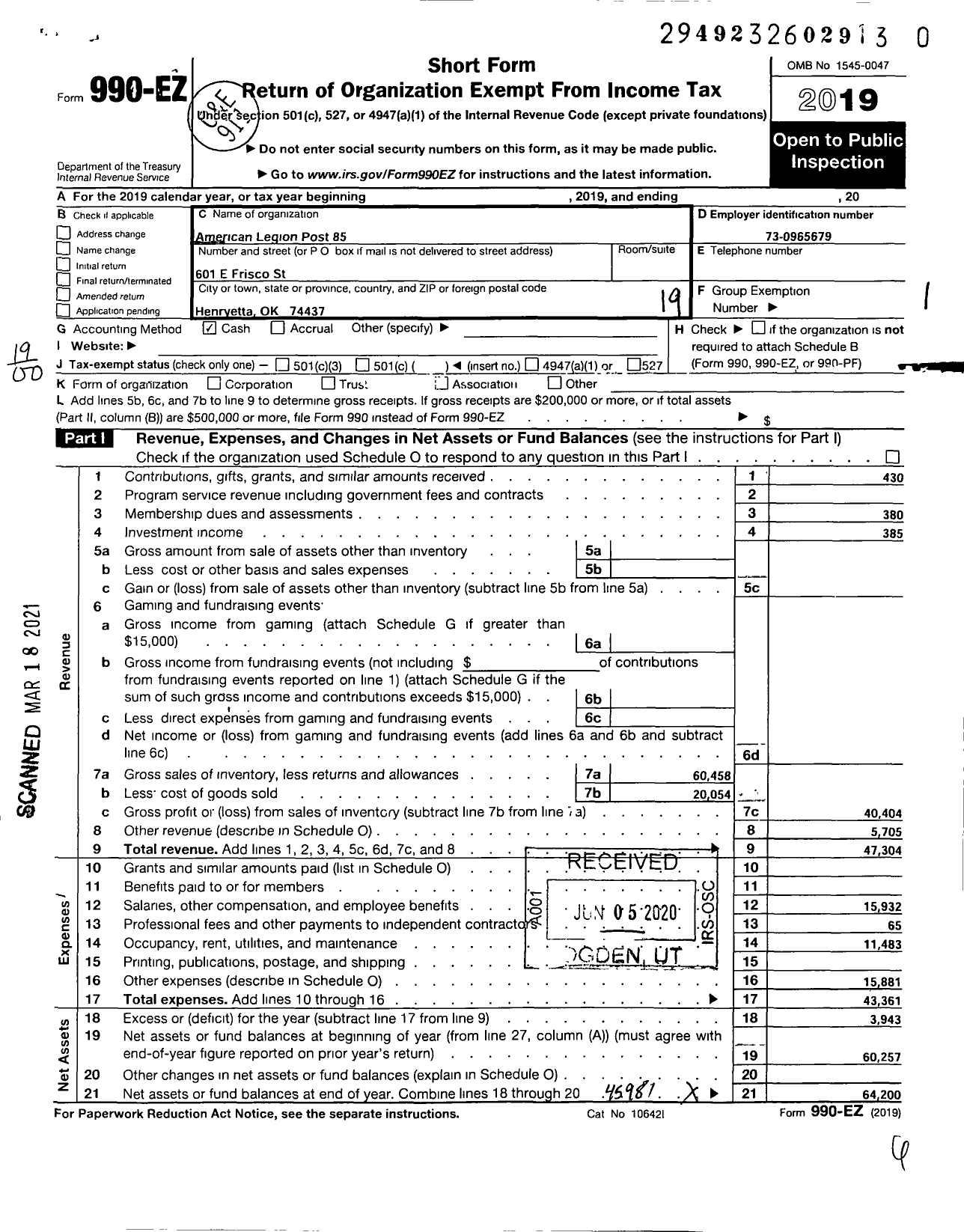 Image of first page of 2019 Form 990EO for American Legion - 85 Norman A Cullen