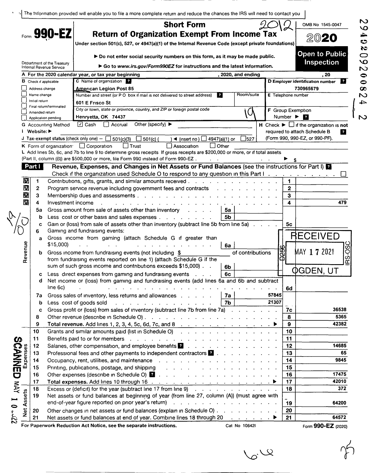 Image of first page of 2020 Form 990EO for American Legion - 85 Norman A Cullen