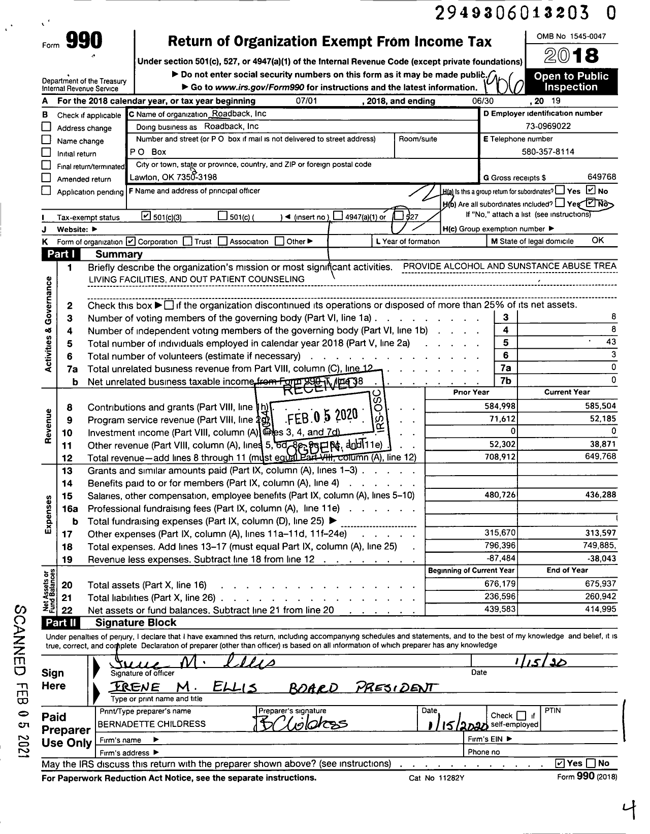 Image of first page of 2018 Form 990 for Roadback