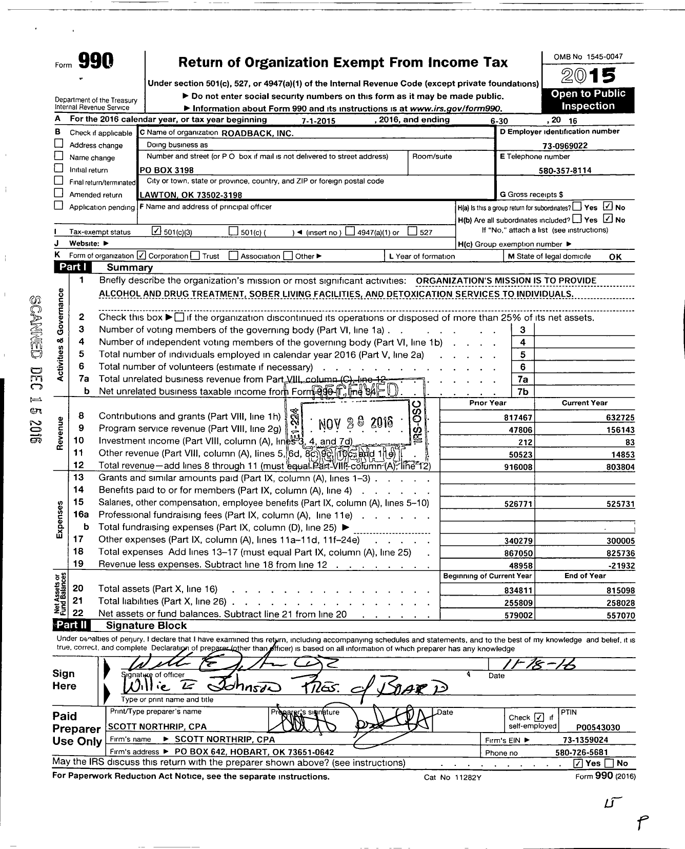 Image of first page of 2015 Form 990 for Roadback
