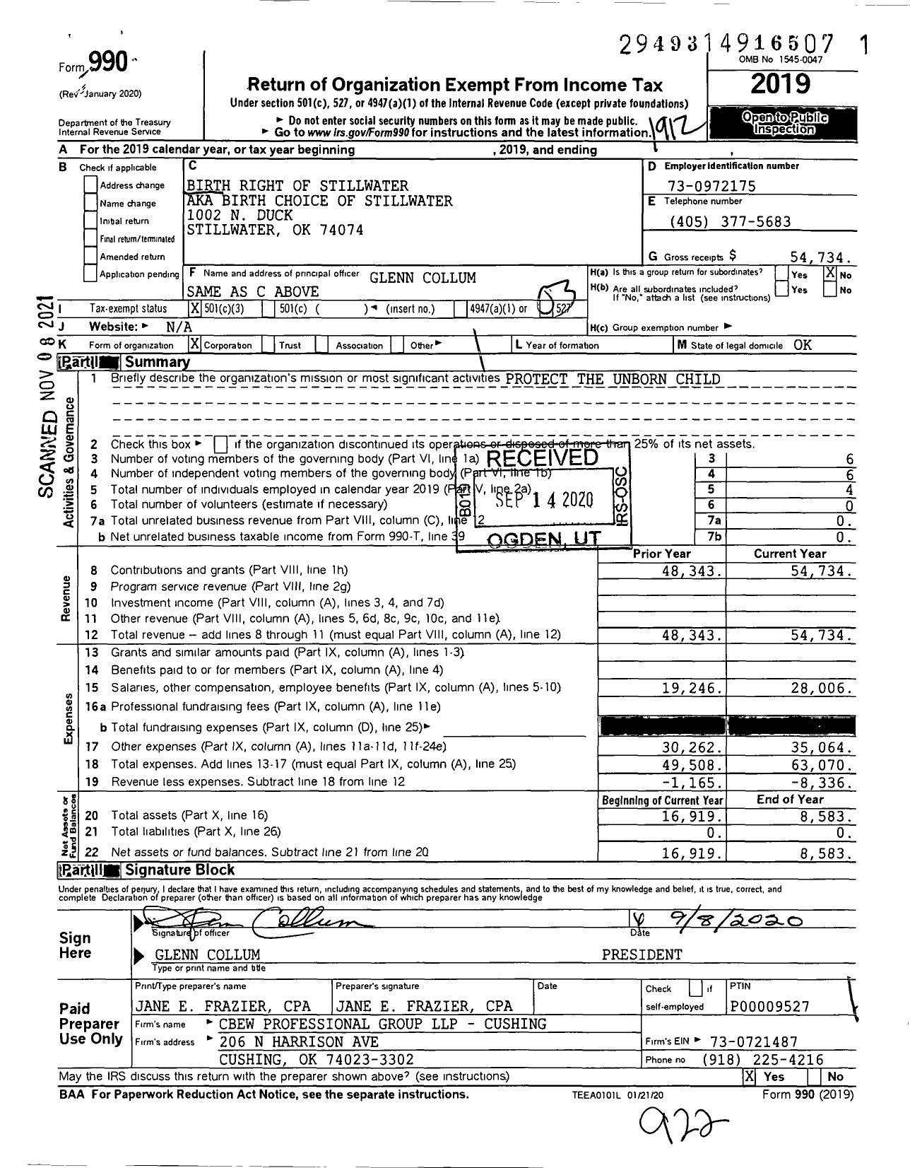 Image of first page of 2019 Form 990 for Birth Choice of Stillwater