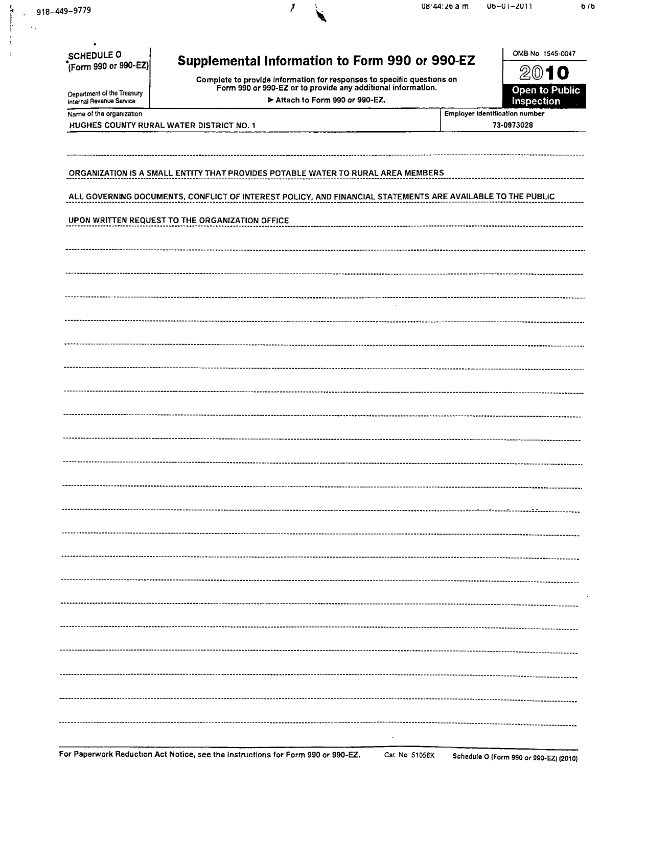 Image of first page of 2010 Form 990OR for Hughes County Rural Water Dist No 1