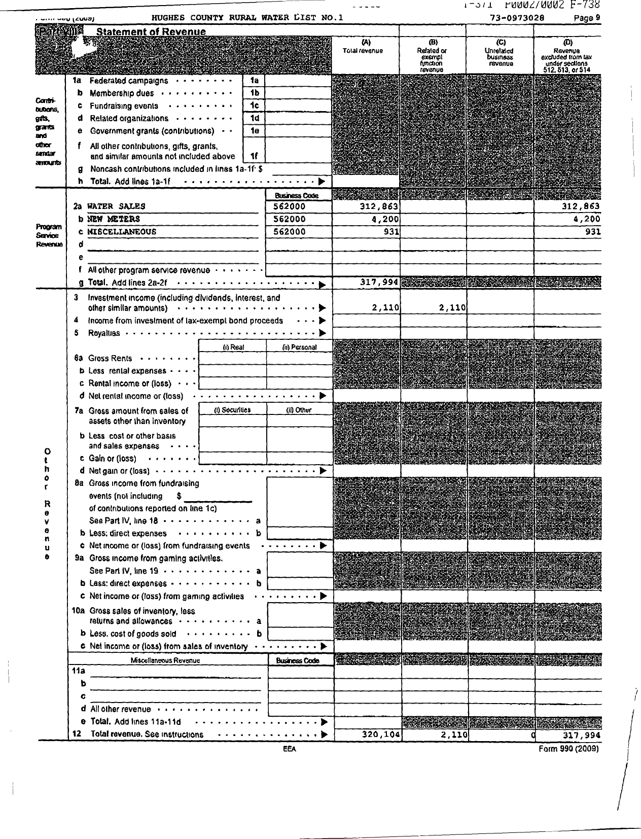 Image of first page of 2009 Form 990OR for Hughes County Rural Water Dist No 1