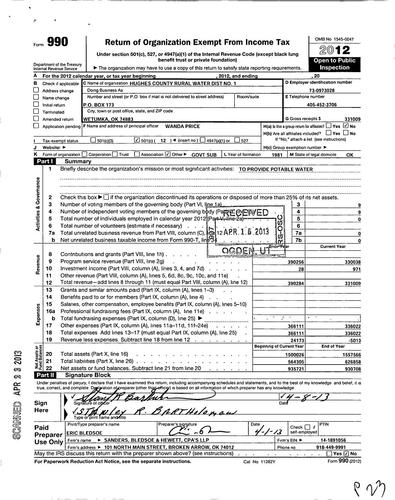 Image of first page of 2012 Form 990O for Hughes County Rural Water Dist No 1