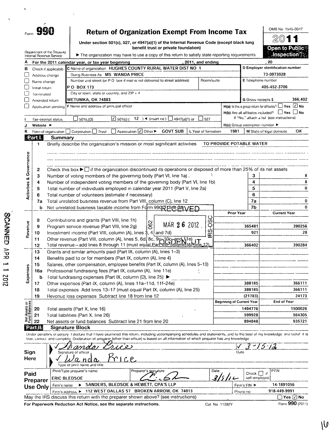 Image of first page of 2011 Form 990O for Hughes County Rural Water Dist No 1