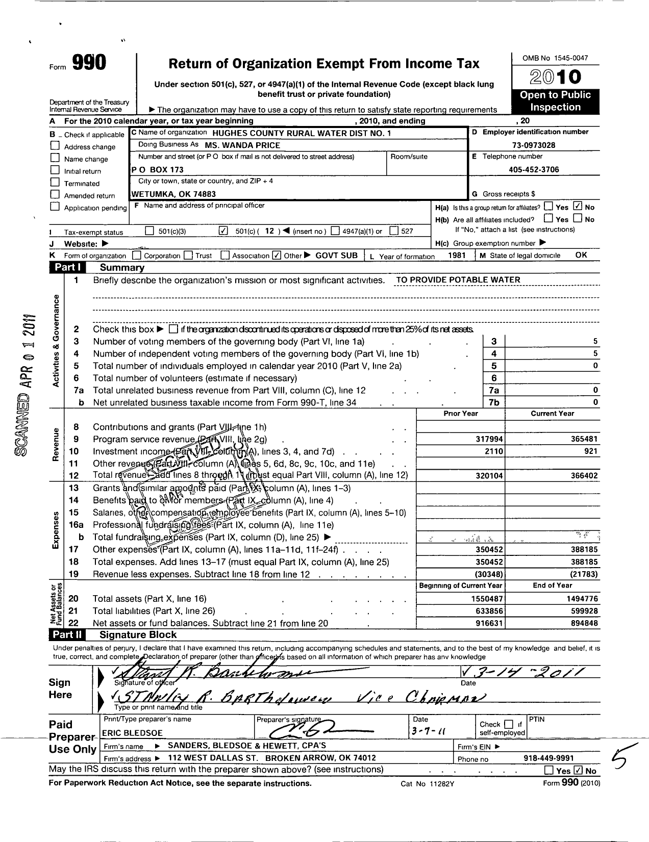 Image of first page of 2010 Form 990O for Hughes County Rural Water Dist No 1