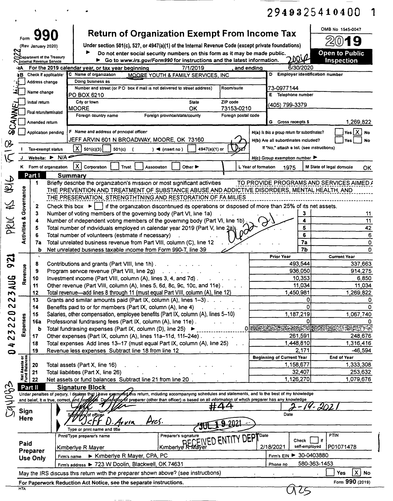 Image of first page of 2019 Form 990 for Moore Youth and Family Services
