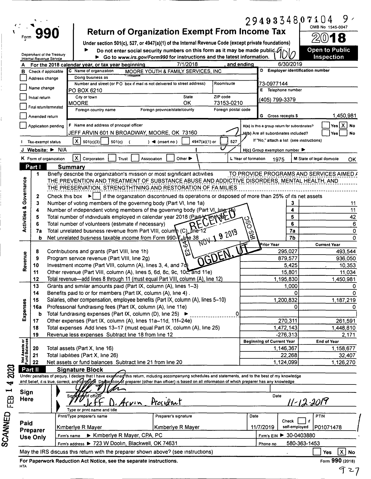 Image of first page of 2018 Form 990 for Moore Youth and Family Services