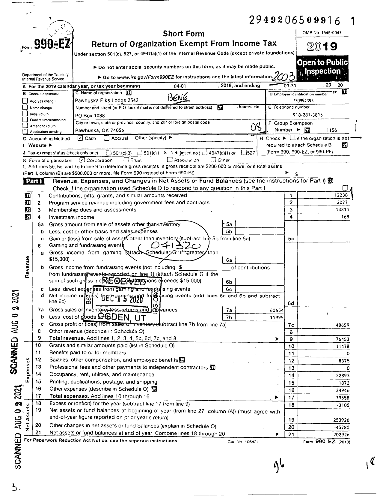 Image of first page of 2019 Form 990EO for Benevolent and Protective Order of Elks - 2542 Pawhuska