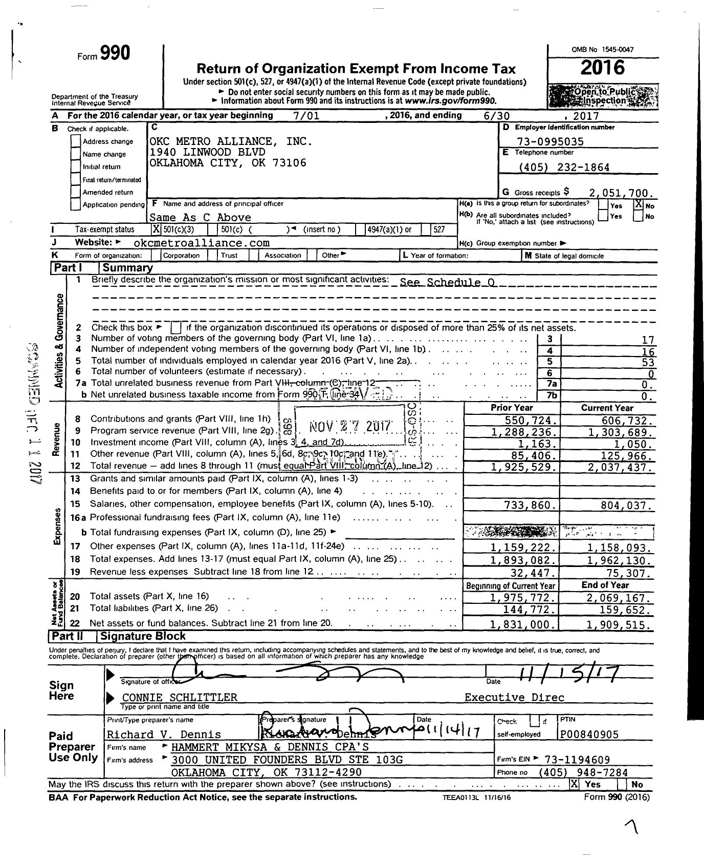 Image of first page of 2016 Form 990 for Okc Metro Alliance