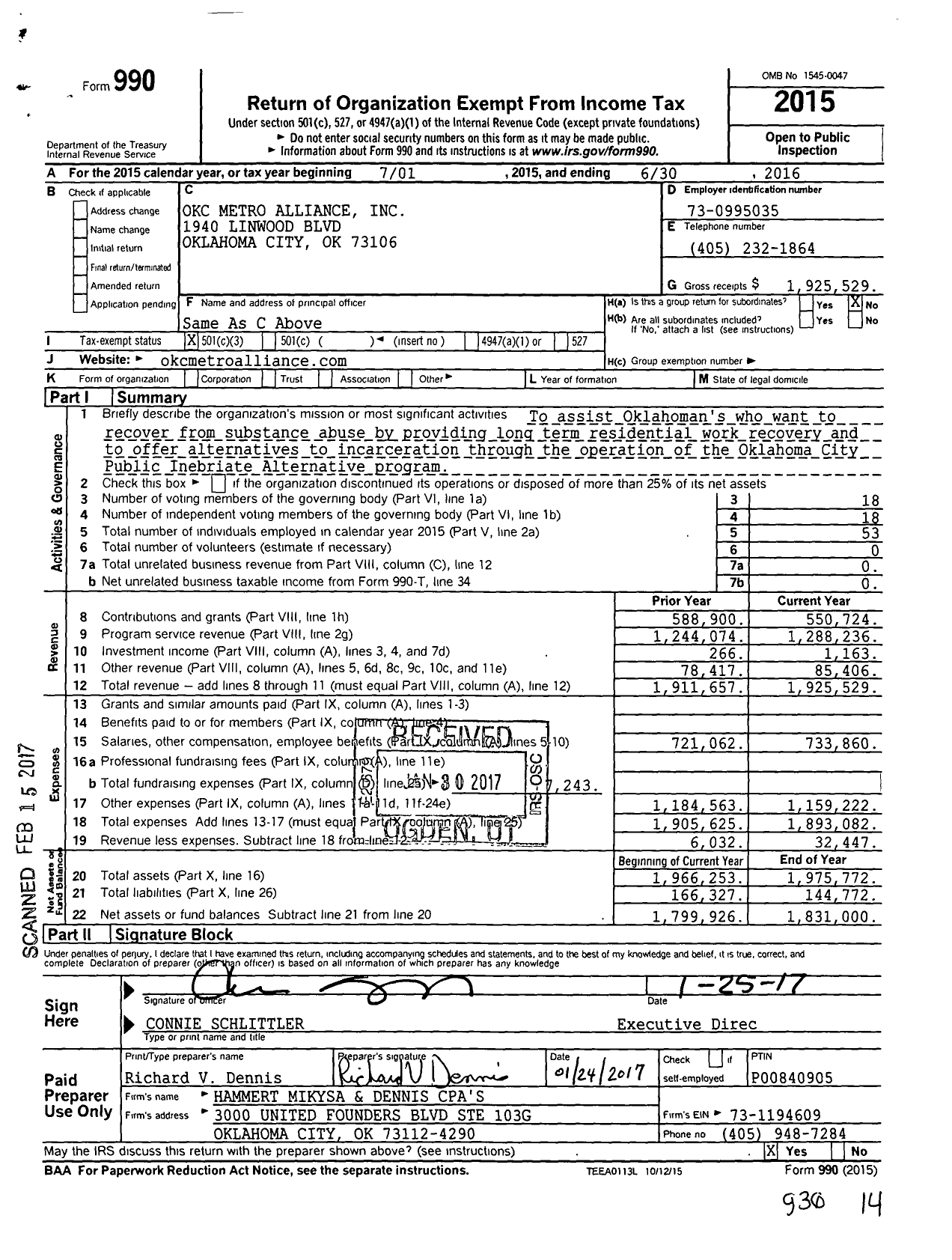 Image of first page of 2015 Form 990 for Okc Metro Alliance