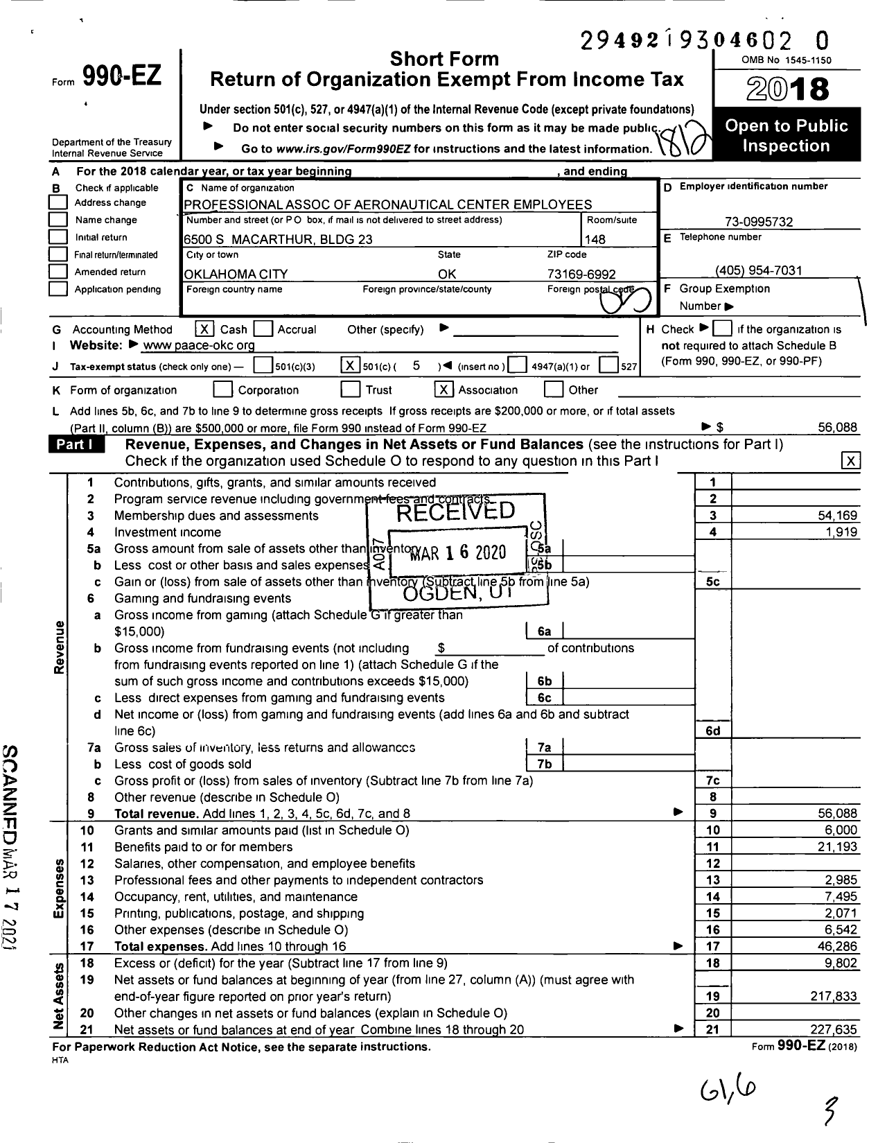 Image of first page of 2018 Form 990EO for Professional Association of Aeronautical Center Employees (PAACE)