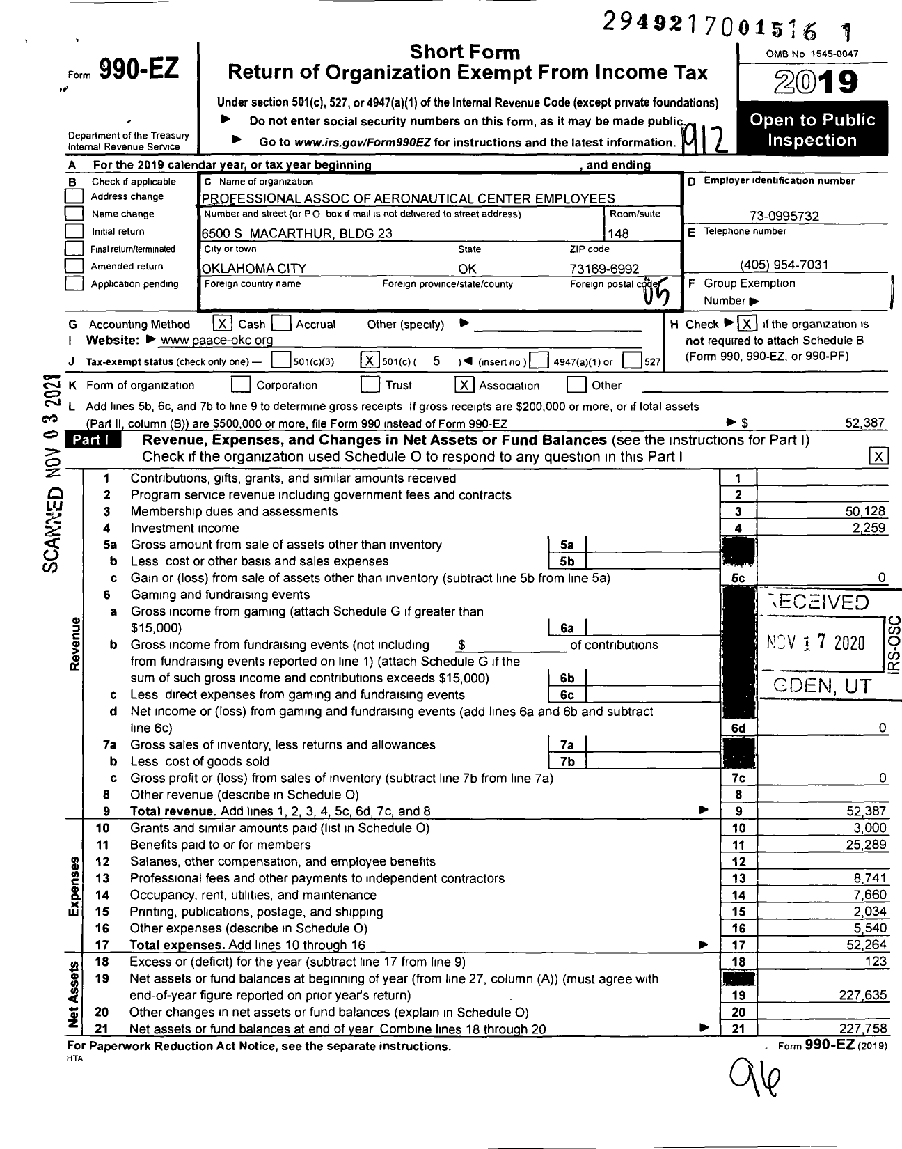 Image of first page of 2019 Form 990EO for Professional Association of Aeronautical Center Employees (PAACE)