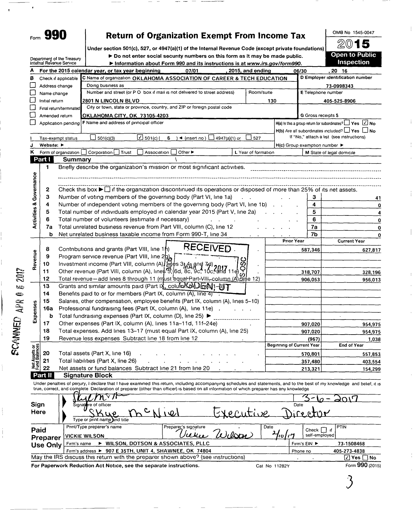 Image of first page of 2015 Form 990O for Oklahoma Association of Career and Tech Ed