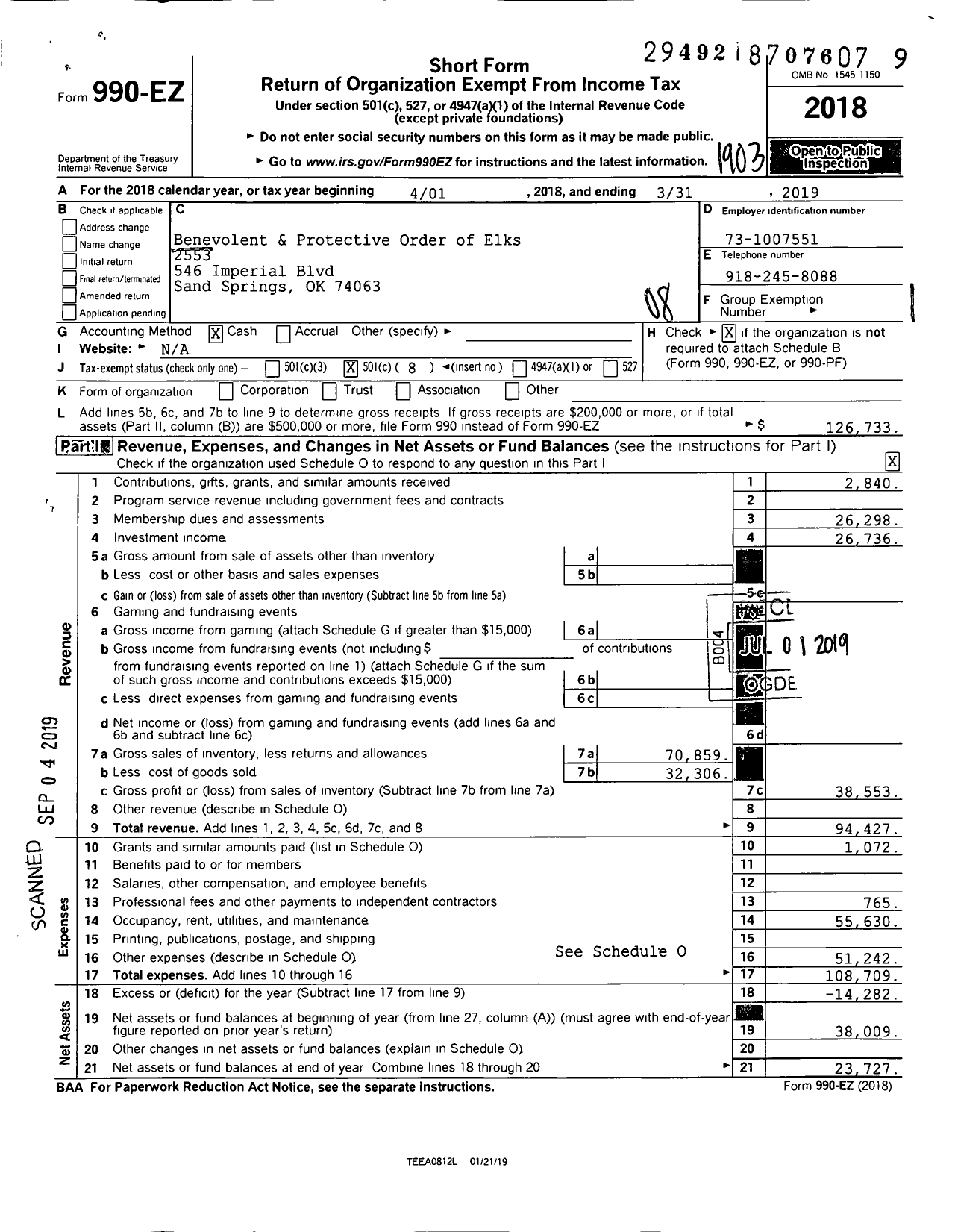 Image of first page of 2018 Form 990EO for Benevolent and Protective Order of Elks - 2553 Sand Springs