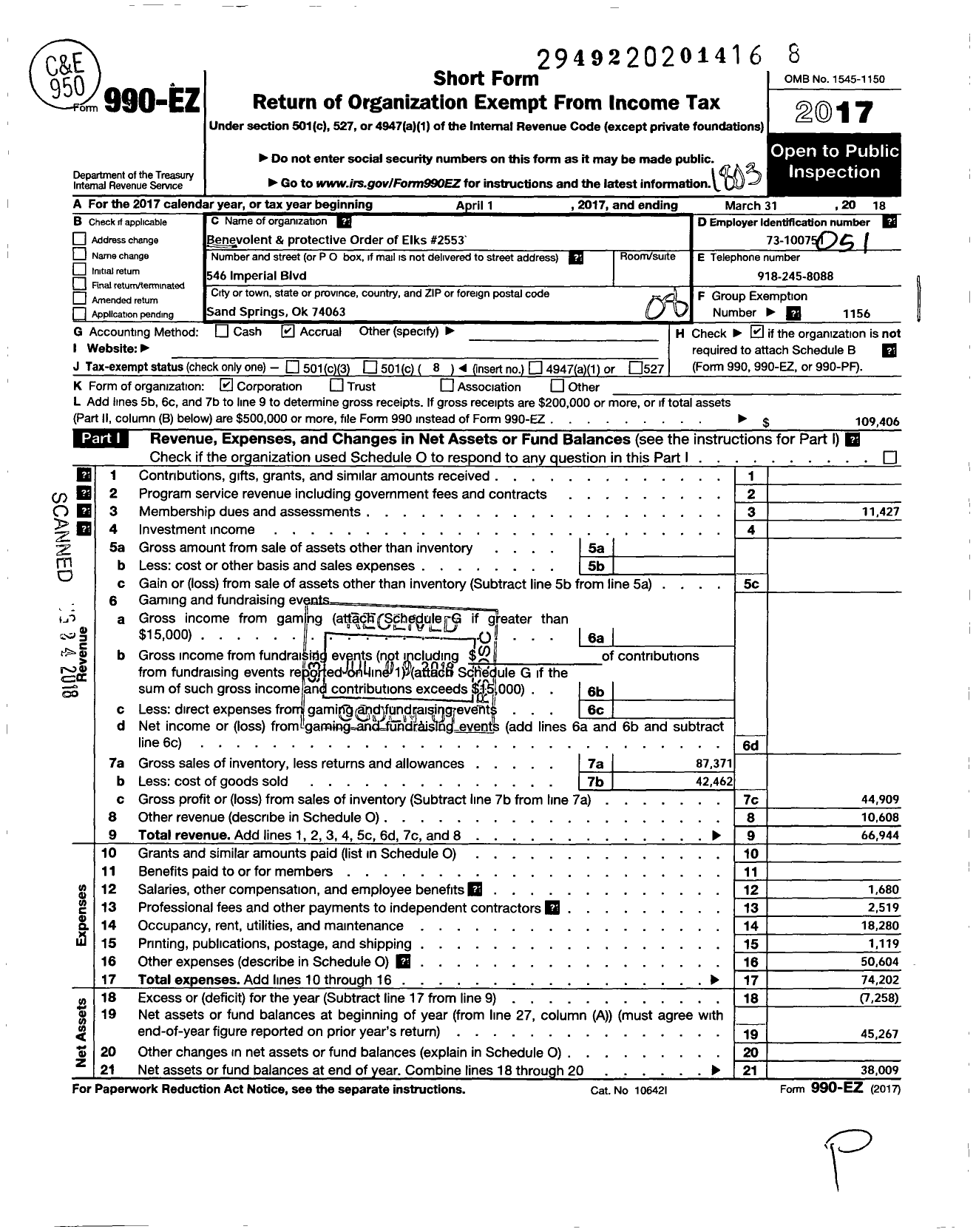 Image of first page of 2017 Form 990EO for Benevolent and Protective Order of Elks - 2553 Sand Springs