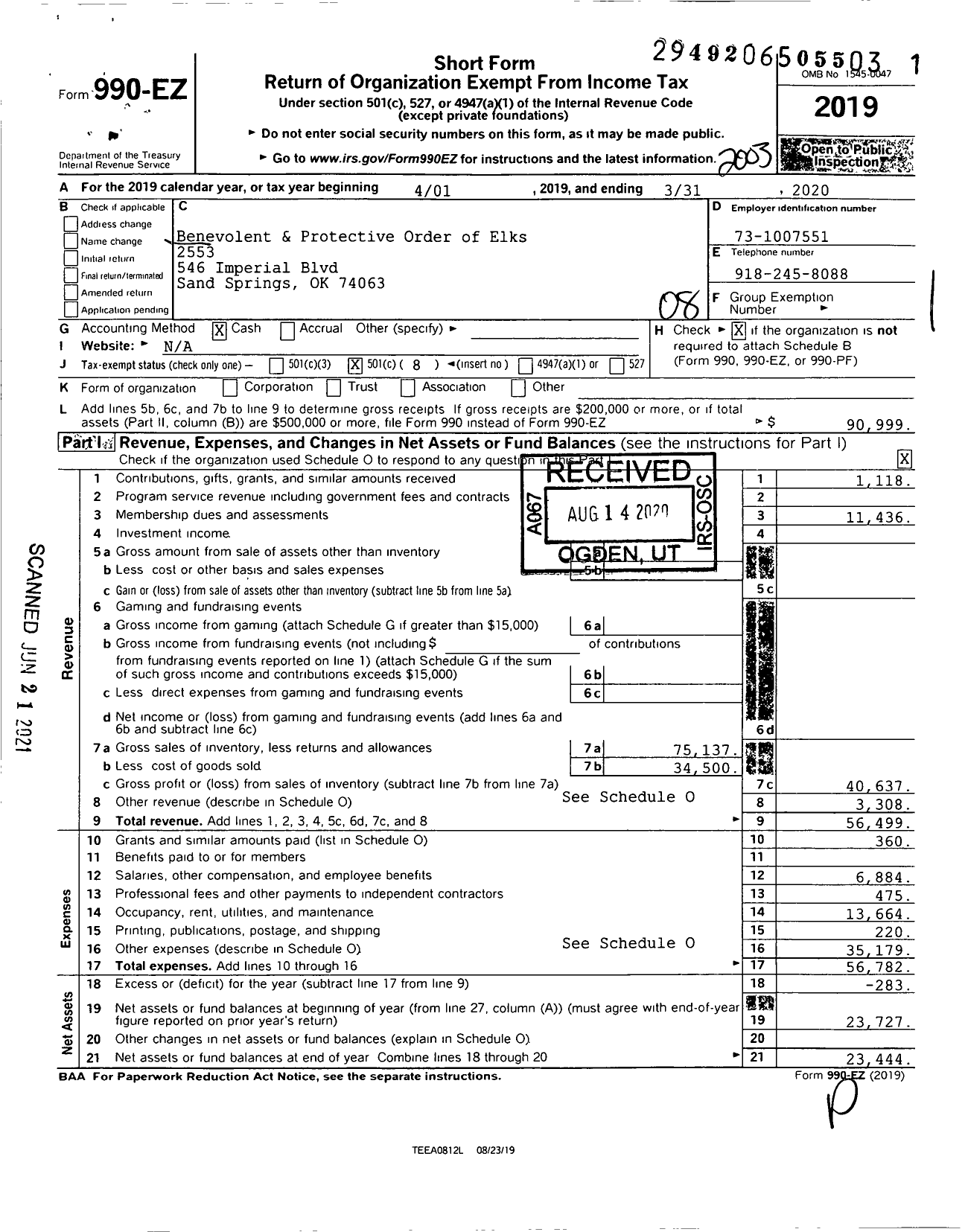 Image of first page of 2019 Form 990EO for Benevolent and Protective Order of Elks - 2553 Sand Springs