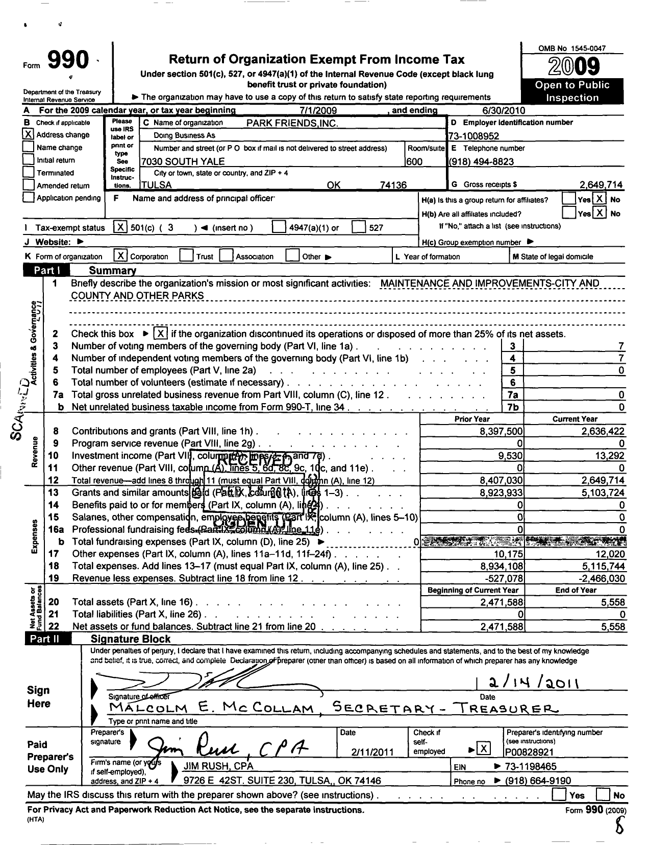 Image of first page of 2009 Form 990 for Park Friends