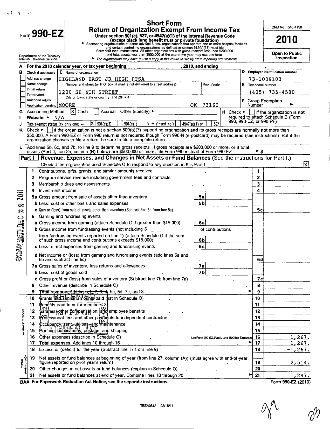 Image of first page of 2010 Form 990EZ for PTA Oklahoma Congress / Highland East JHS