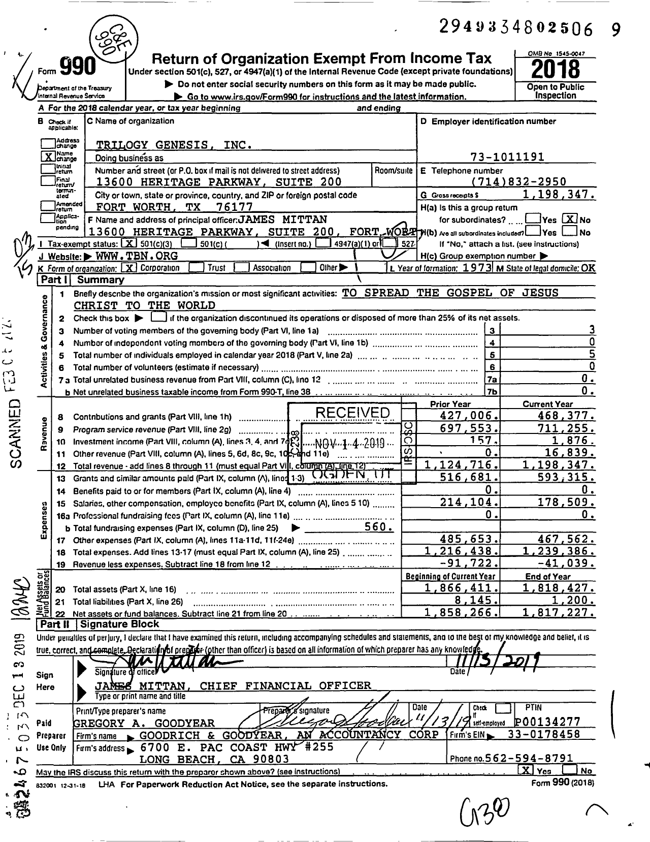 Image of first page of 2018 Form 990 for Trilogy Genesis