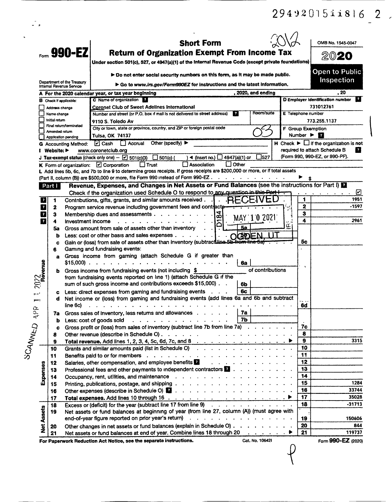 Image of first page of 2020 Form 990EZ for Sweet Adelines International - Coronet Club