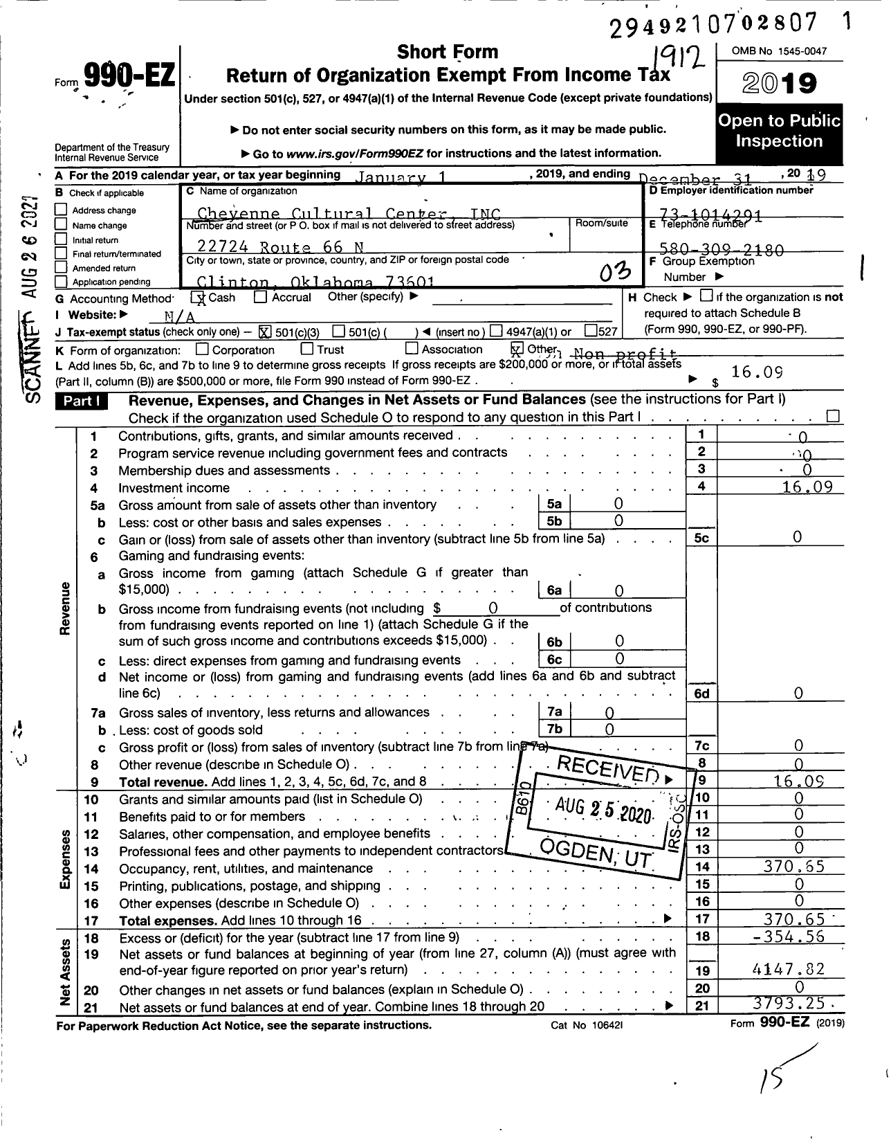 Image of first page of 2019 Form 990EZ for Cheyenne Cultural Center