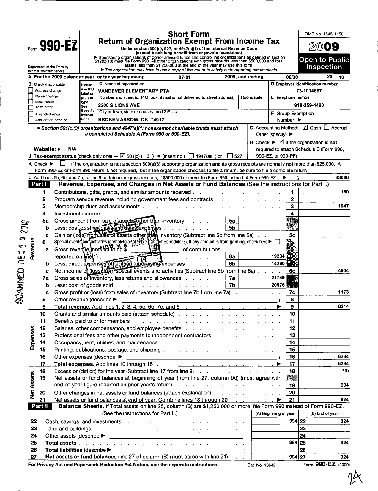 Image of first page of 2009 Form 990EZ for PTA Oklahoma Congress / Vandever Elementary