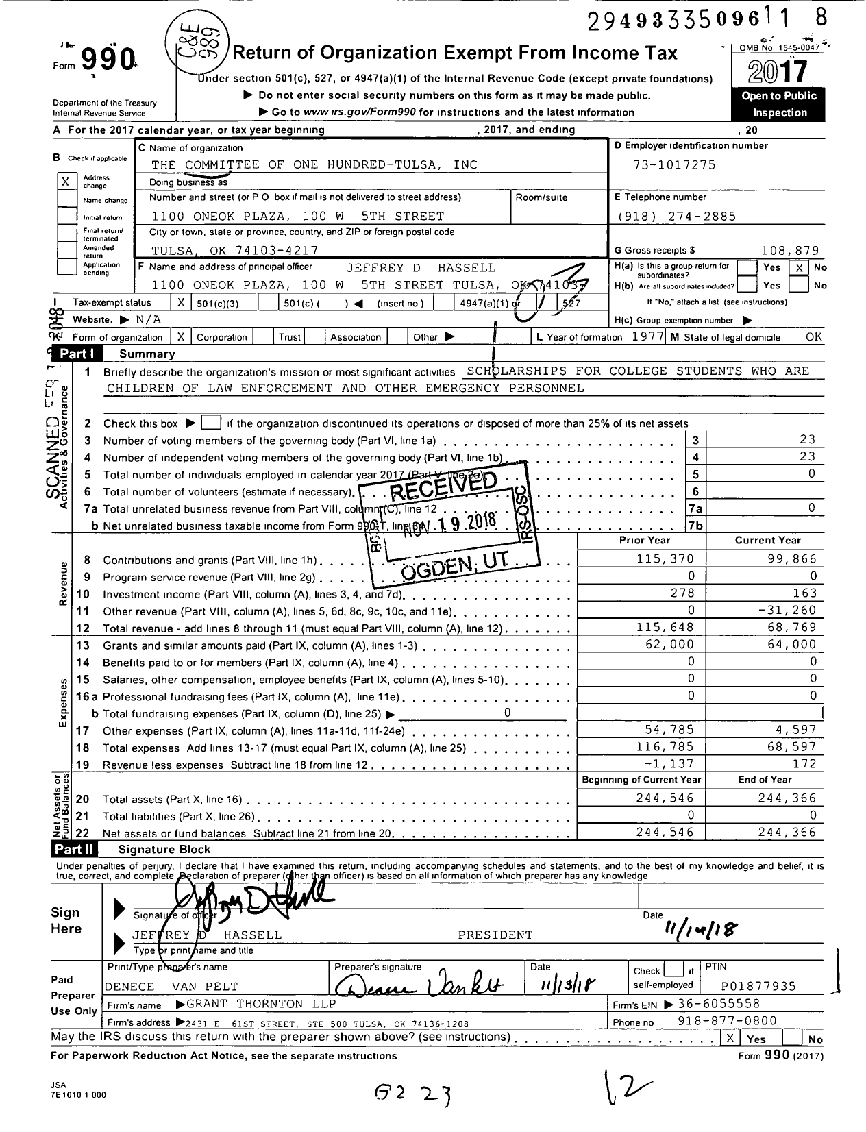 Image of first page of 2017 Form 990 for The Committee of One Hundred-Tulsa