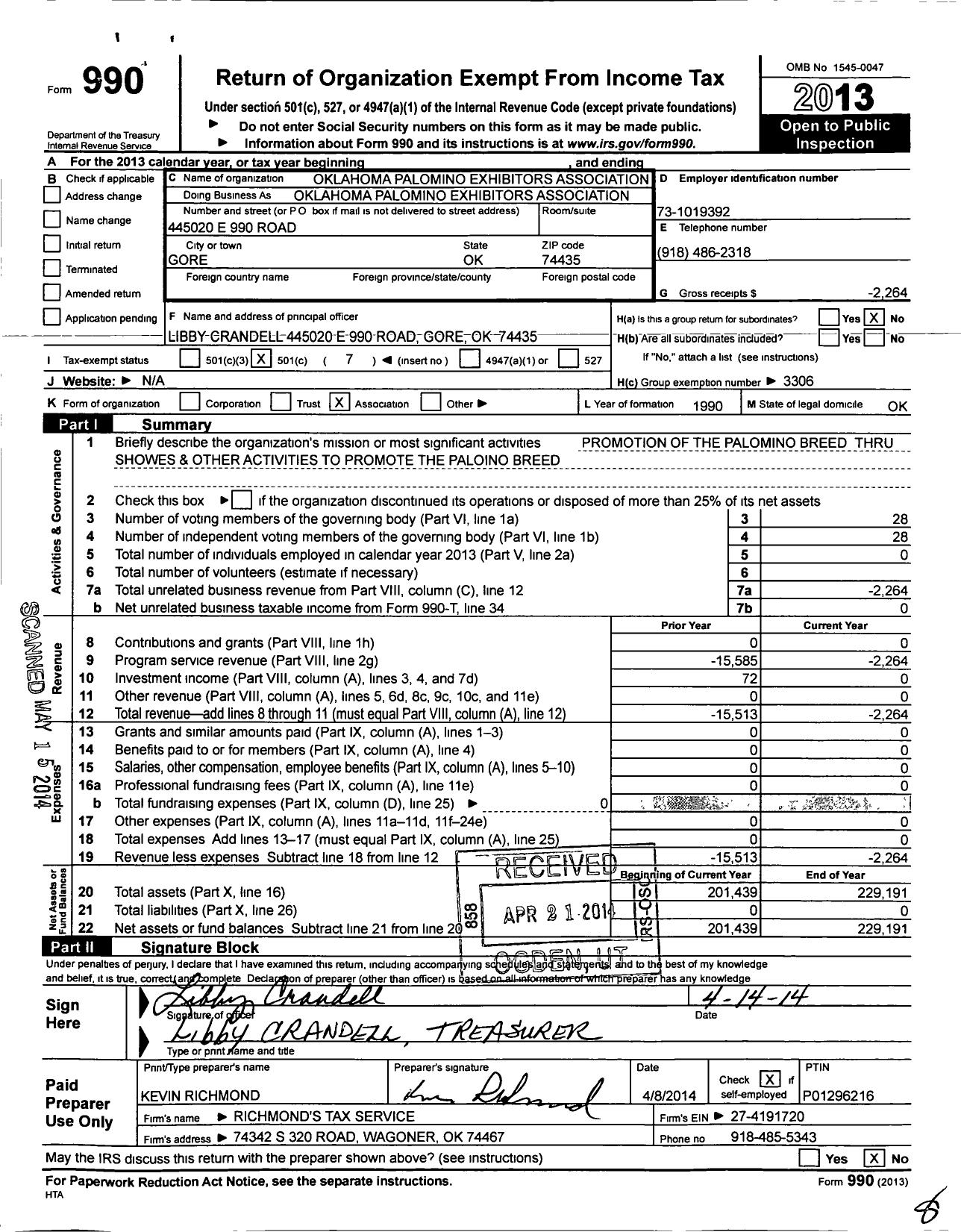 Image of first page of 2013 Form 990O for Oklahoma Palomino Exhibitors Association