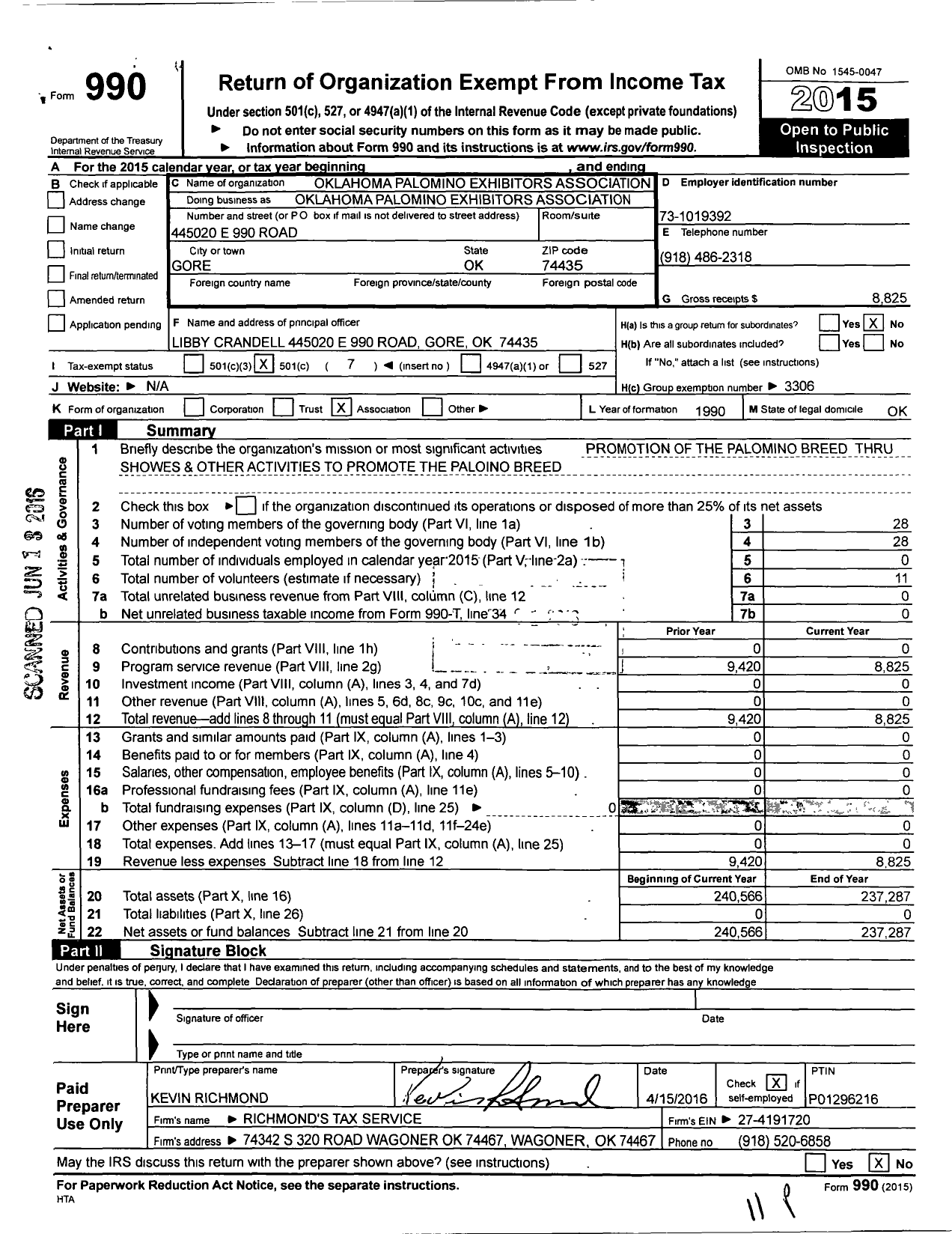 Image of first page of 2015 Form 990O for Oklahoma Palomino Exhibitors Association