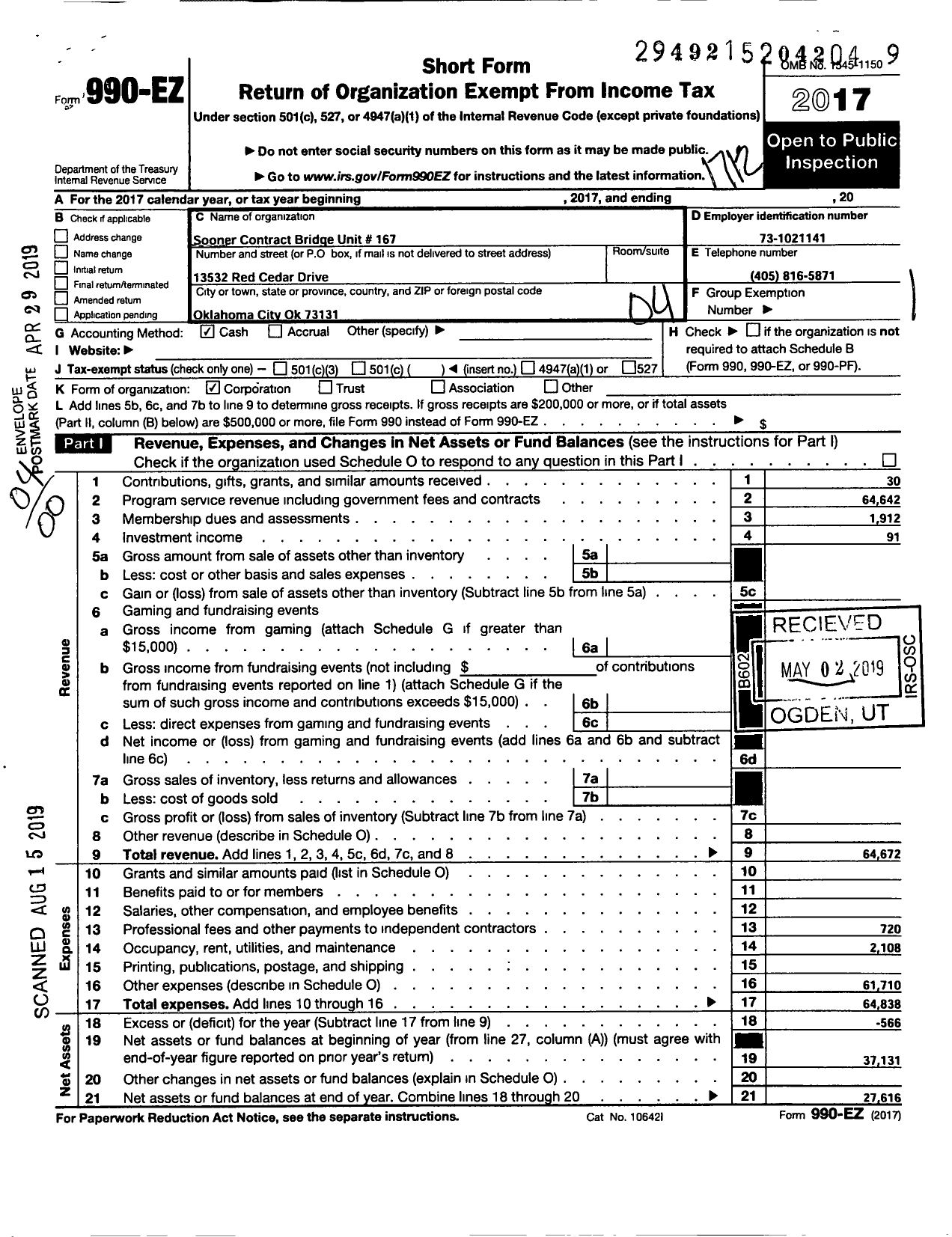 Image of first page of 2017 Form 990EO for Sooner Contract Bridge League Unit Number 167