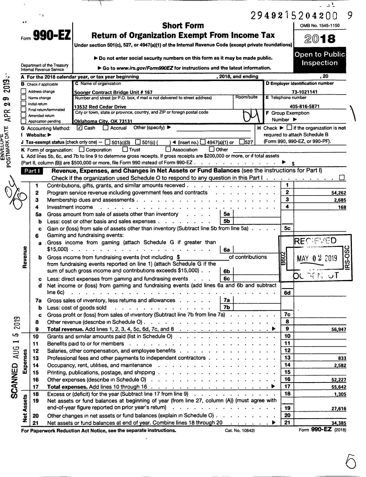 Image of first page of 2018 Form 990EO for Sooner Contract Bridge League Unit Number 167