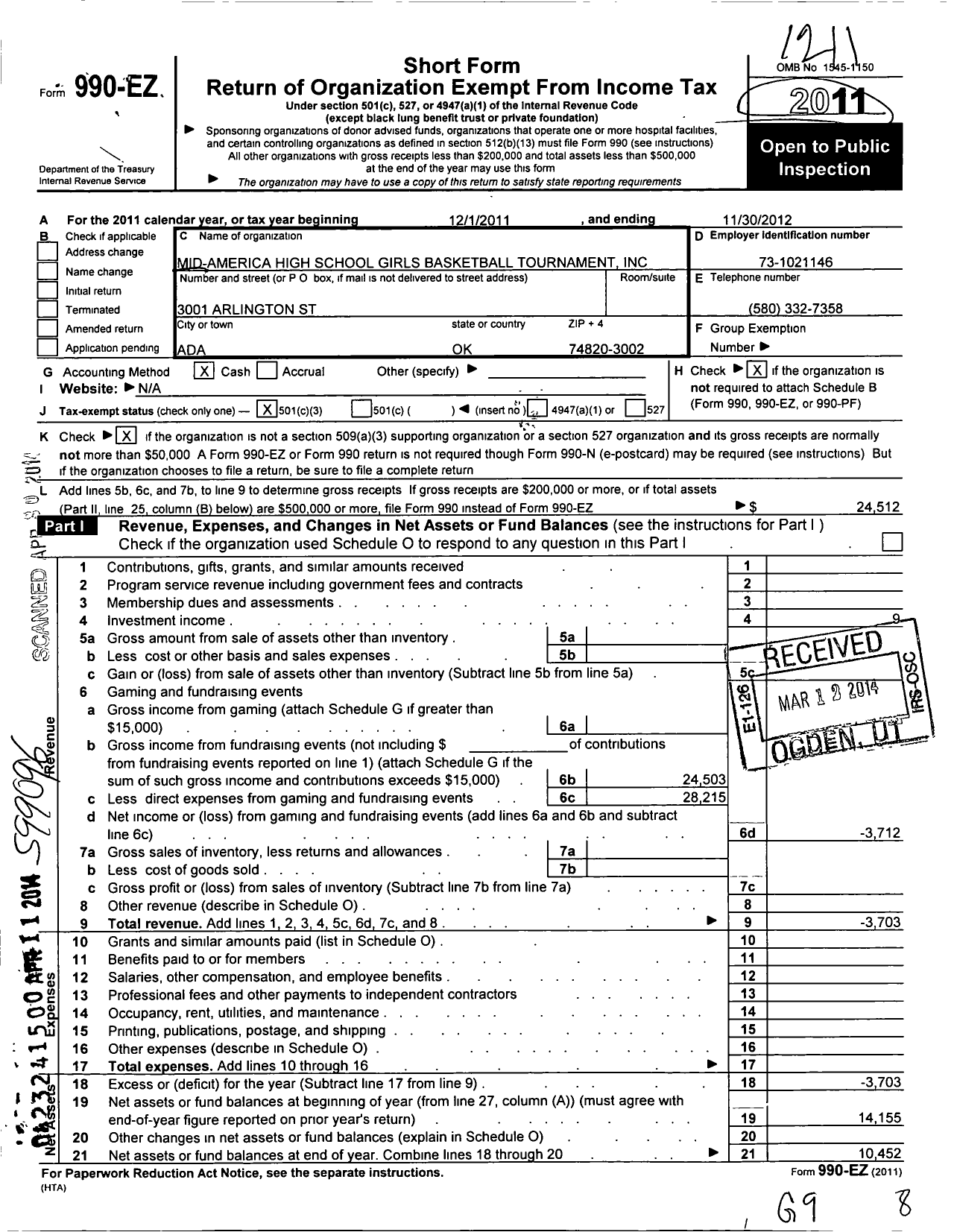 Image of first page of 2011 Form 990EZ for Mid-America High School Girls Basketball Tournament