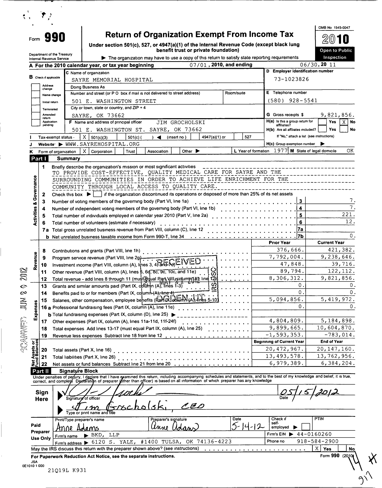 Image of first page of 2010 Form 990 for Sayre Memorial Hospital