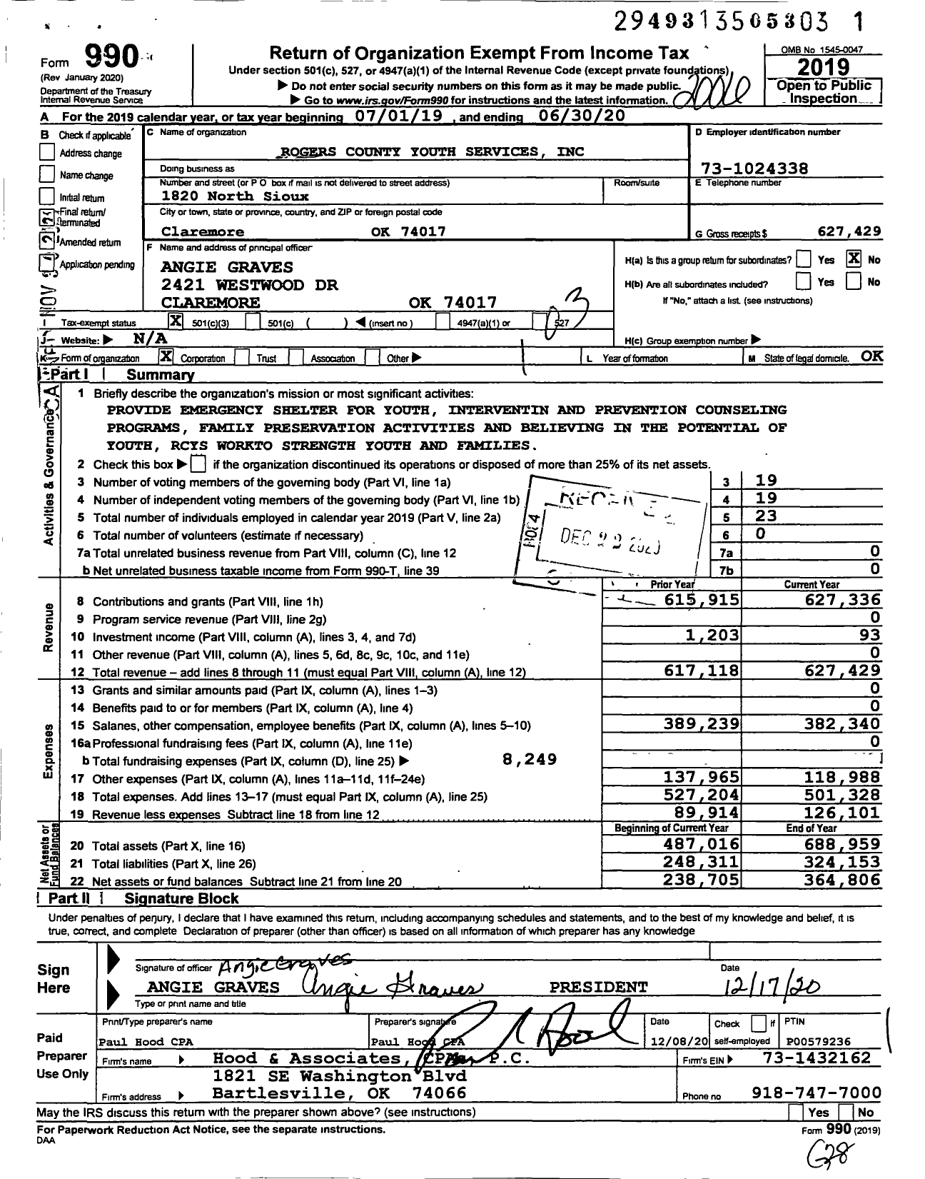 Image of first page of 2019 Form 990 for Rogers County Youth Services