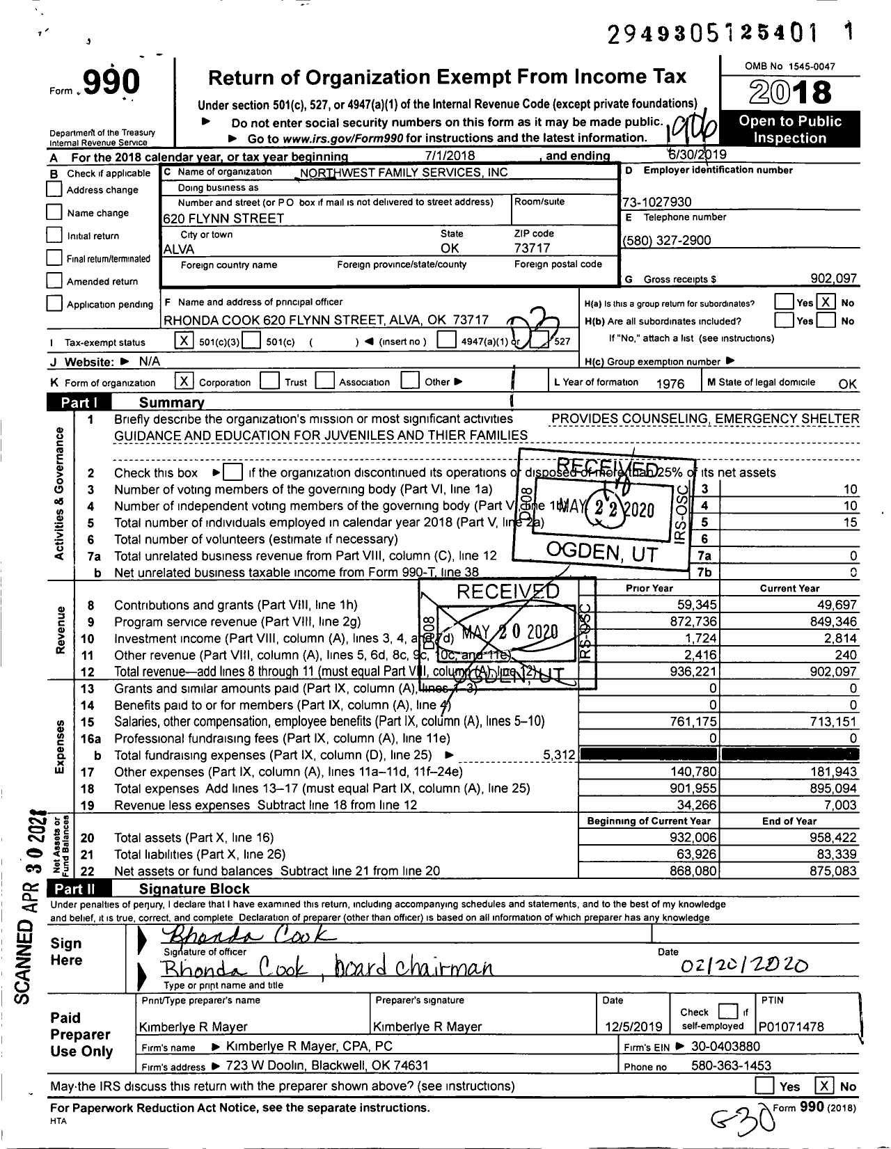 Image of first page of 2018 Form 990 for Northwest Family Services