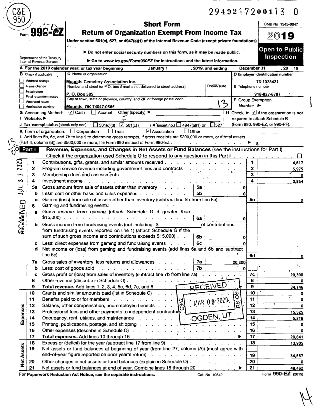 Image of first page of 2019 Form 990EO for Mounds Cemetery Association