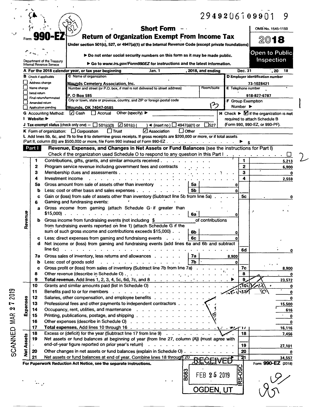 Image of first page of 2018 Form 990EO for Mounds Cemetery Association