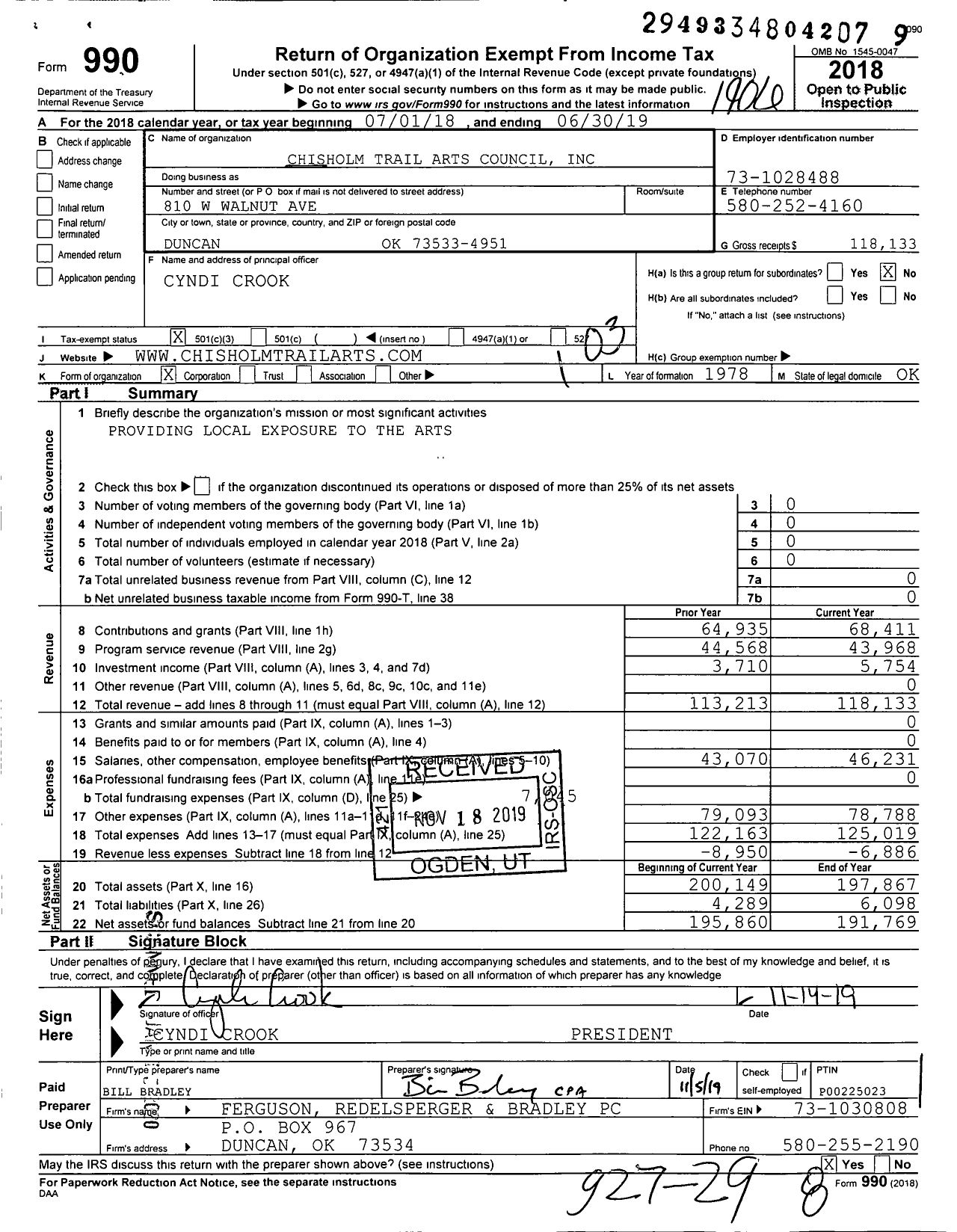 Image of first page of 2018 Form 990 for Chisholm Trail Arts Council