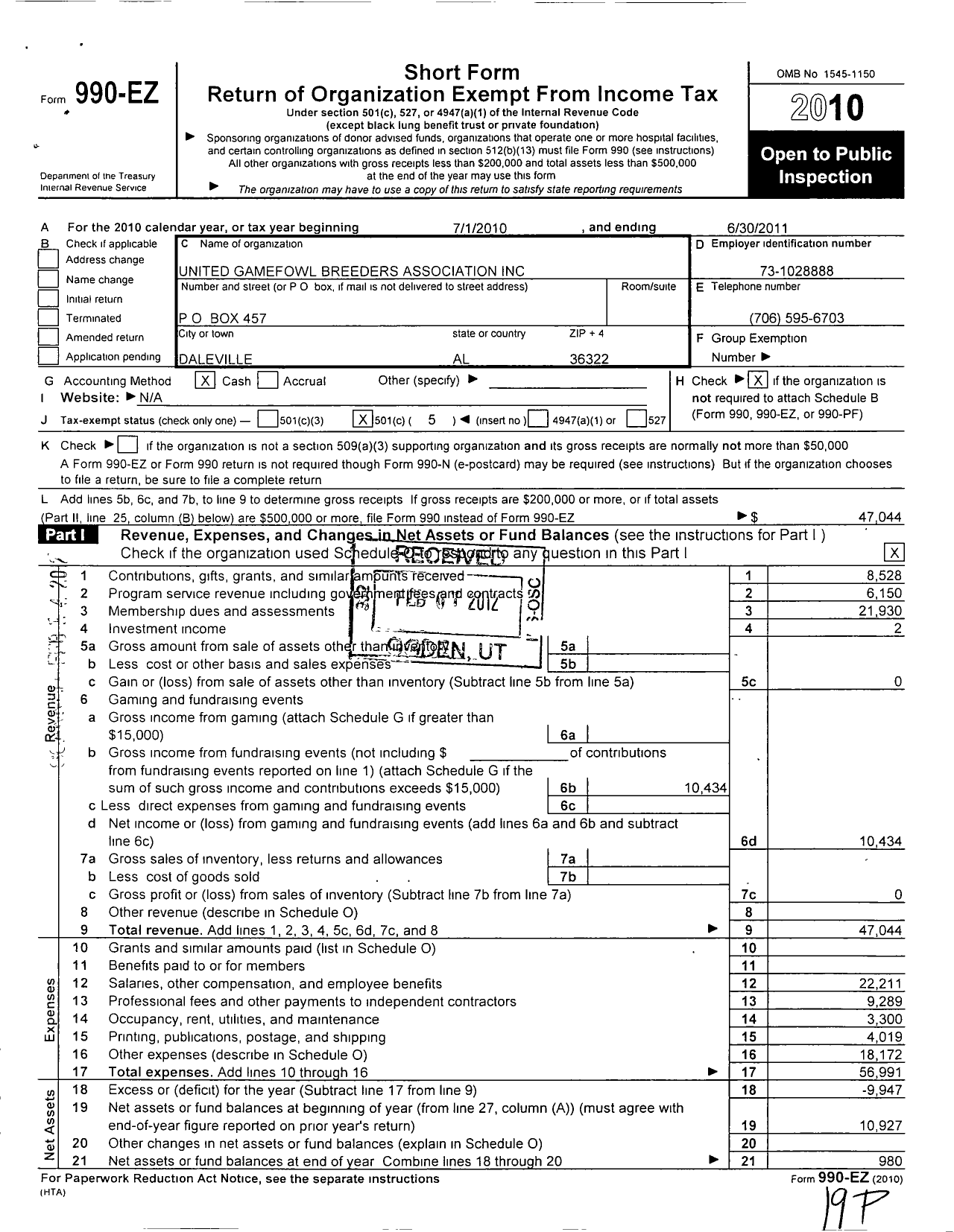 Image of first page of 2010 Form 990EO for United Game Fowl Breeders Association