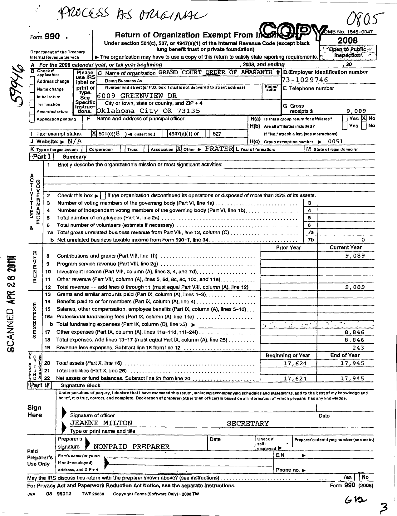 Image of first page of 2007 Form 990O for Order of the Amaranth / GR CT Oklahoma