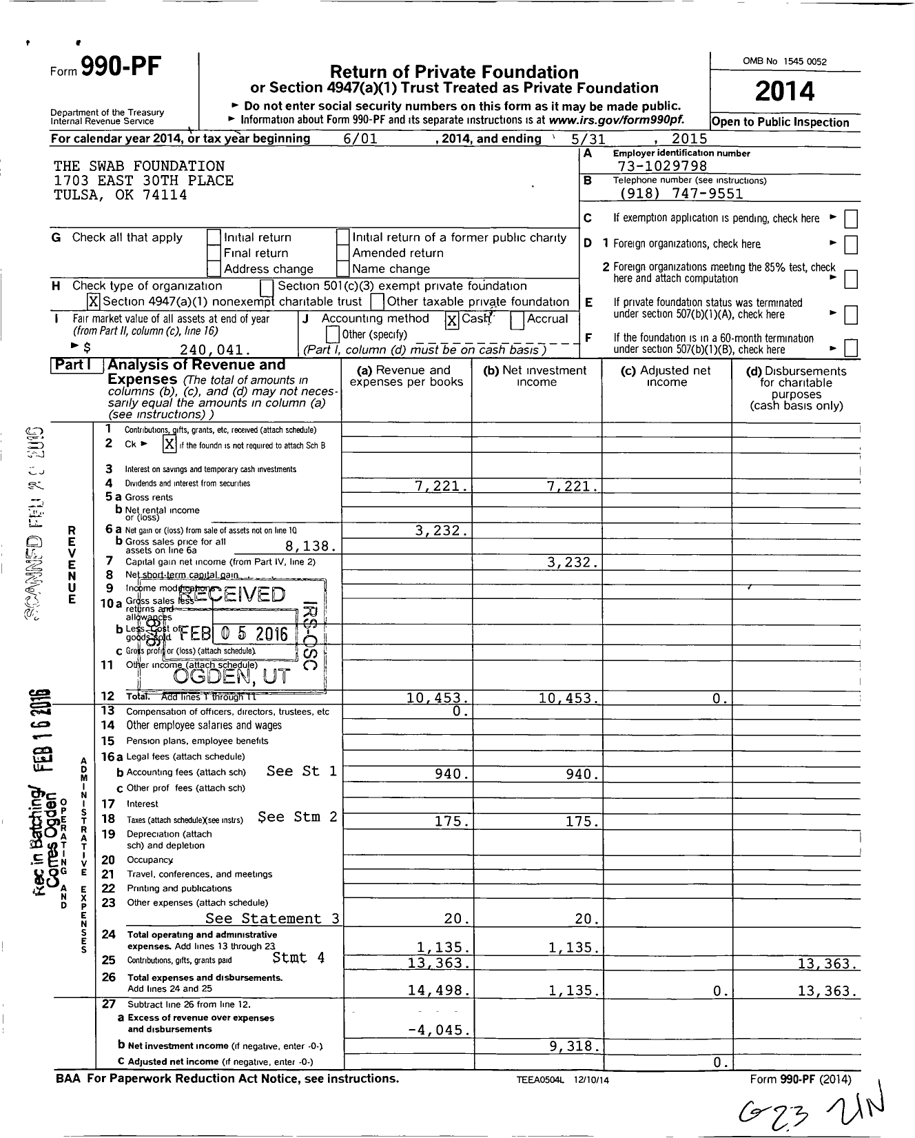 Image of first page of 2014 Form 990PF for Swab Foundation