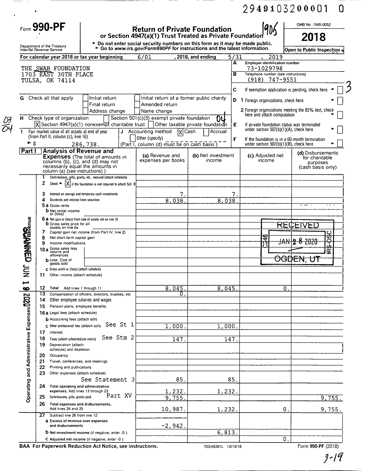 Image of first page of 2018 Form 990PR for Swab Foundation