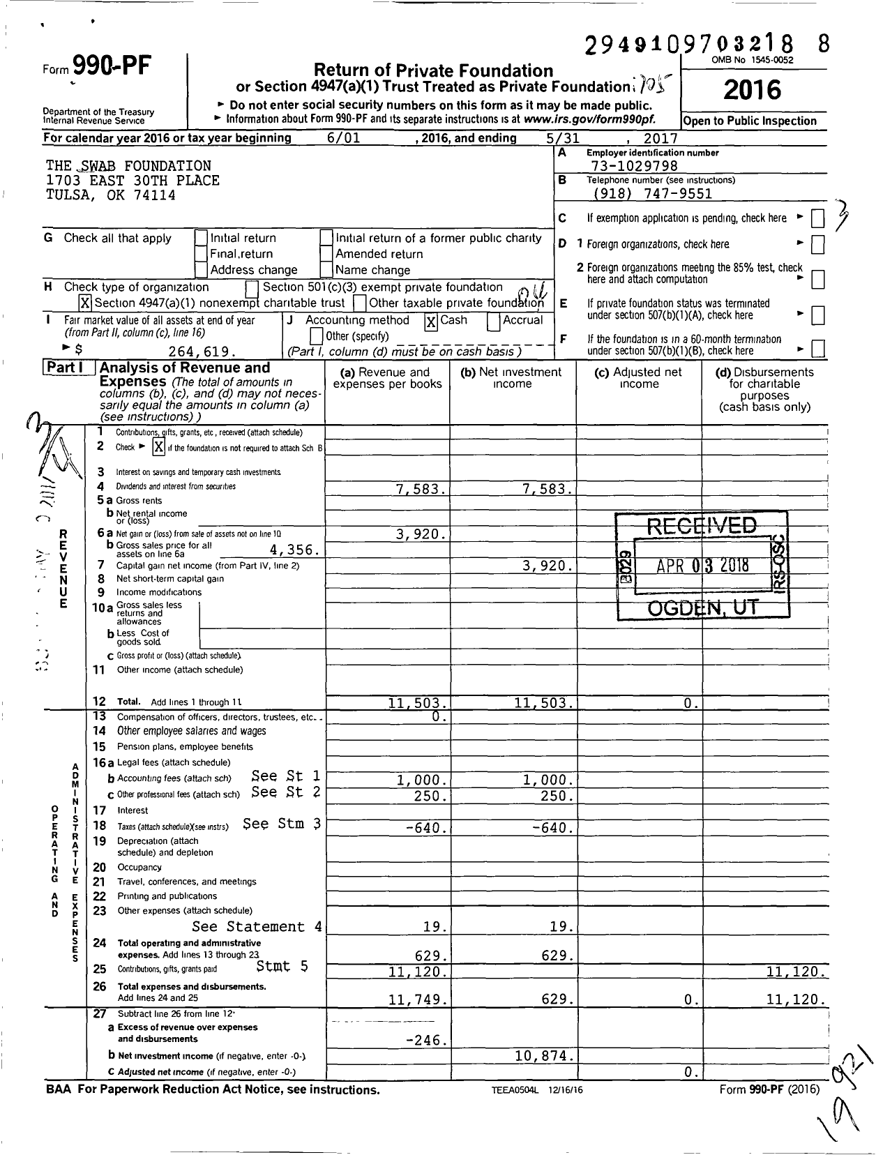 Image of first page of 2016 Form 990PF for Swab Foundation