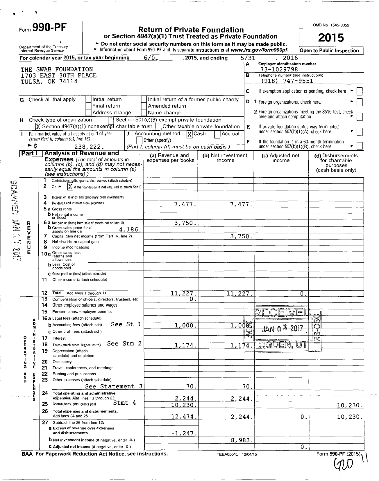 Image of first page of 2015 Form 990PF for Swab Foundation