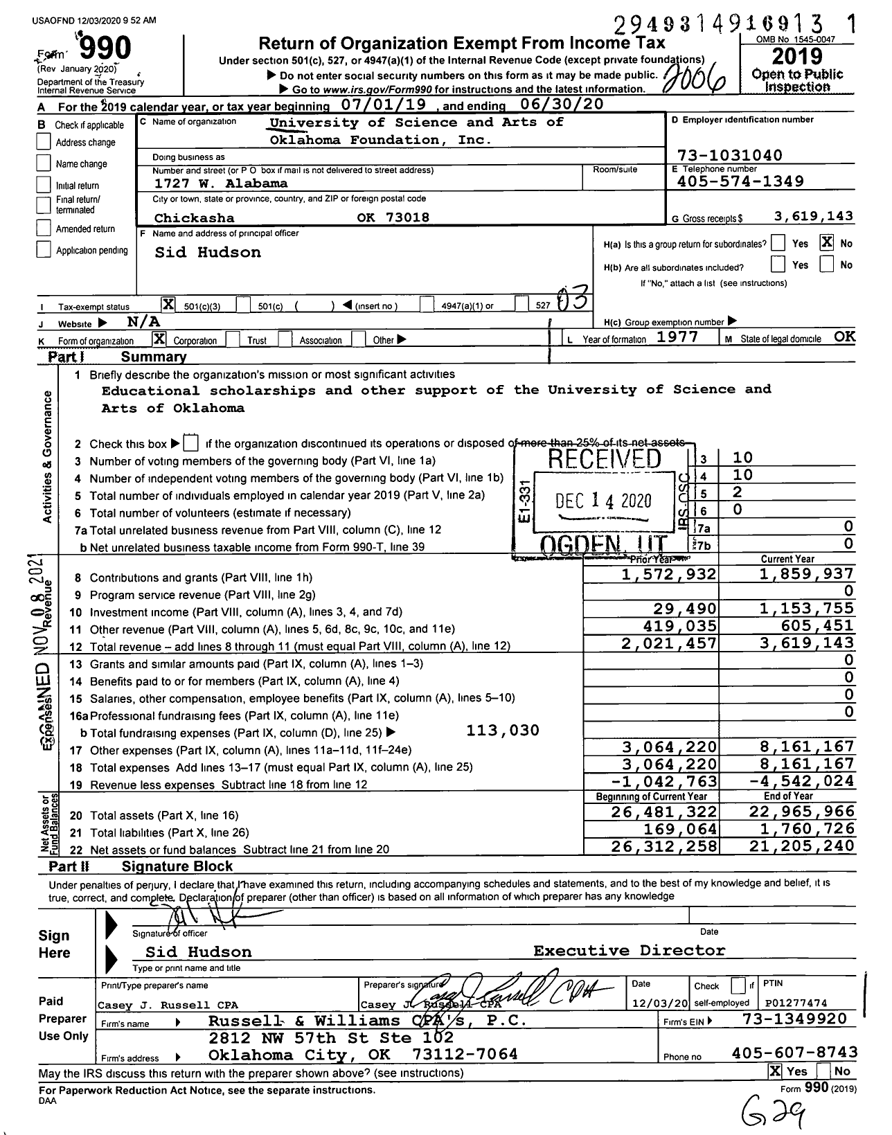 Image of first page of 2019 Form 990 for University of Science and Arts of Oklahoma Foundation