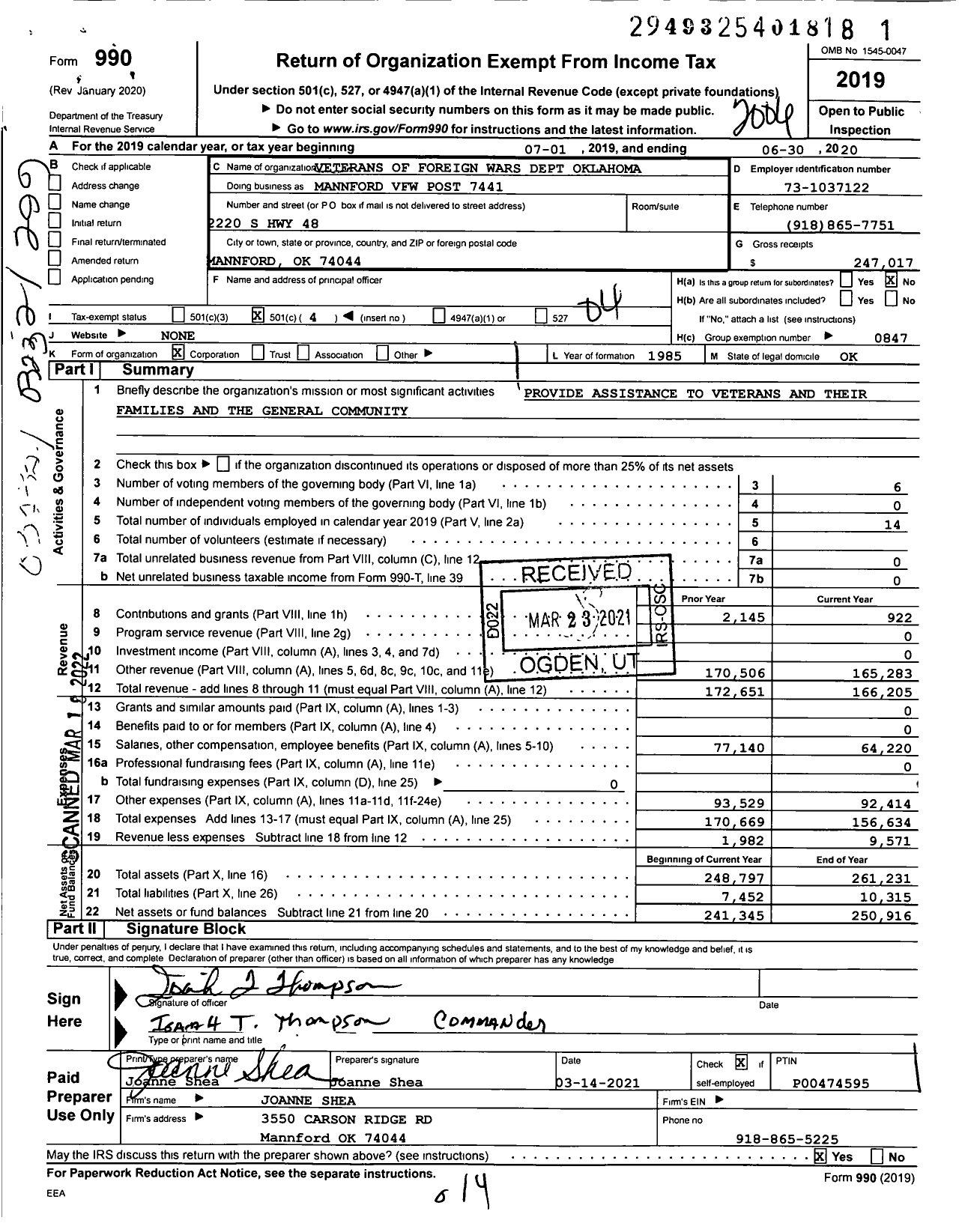 Image of first page of 2019 Form 990O for Veterans of Foreign Wars Dept Oklahoma - Mannford VFW Post 7441